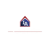 a red white and blue logo for la