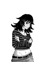 a black and white drawing of a girl in a striped shirt and jeans