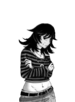 a black and white drawing of a girl in a striped shirt and jeans