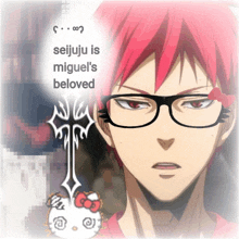 seijuju is miguel 's beloved is written above a man with red hair and glasses