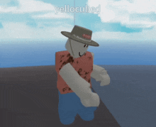 a roblox character wearing a hat with the name yellowcubed written on the bottom