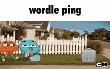gumball and darwin from the amazing world of gumball are standing next to each other in front of a trash can .