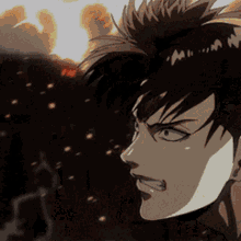 a close up of a cartoon character 's face with a flame in the background