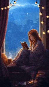 a girl is reading a book while sitting on a window sill