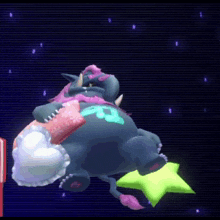 a cartoon elephant is laying on a bed with a pink pillow