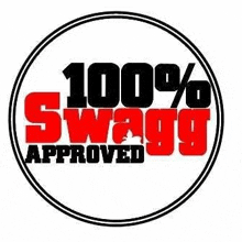 a logo that says `` 100 % swag approved '' in red and black letters .