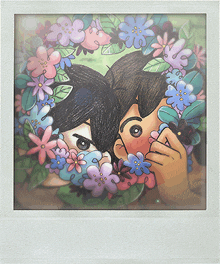 a drawing of two boys surrounded by flowers and leaves
