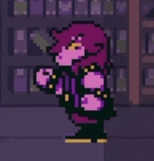 a pixel art drawing of a girl standing in front of a bookshelf .