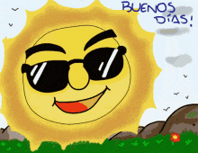 a cartoon sun with sunglasses and the words buenos dias