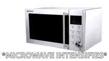 a silver sharp microwave with the words microwave intensifies above it