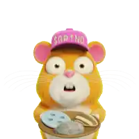 a cartoon hamster wearing a pink hat that says sdtnn