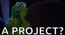kermit the frog is holding his hand to his chin and thinking about a project .