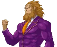a pixel art of a man with a beard wearing a purple suit and orange tie