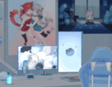 a blurred image of a room with a computer and a chair
