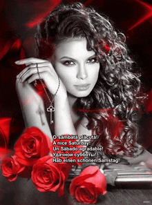 a black and white photo of a woman with red roses and a key
