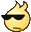 a yellow cartoon character wearing sunglasses and a flame on his head .