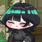 a close up of a cartoon character with black hair and a green hat .