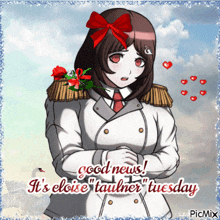 a picture of a girl with a red bow says good news