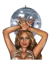 a woman holds a disco ball over her head