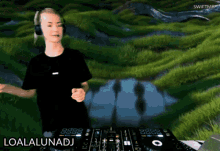 a woman wearing headphones and a black shirt is playing a dj set with the words loalalunadj below her