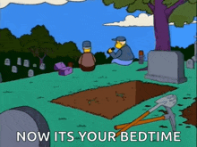 a cartoon of homer simpson upside down in a cemetery with the words now its your bedtime