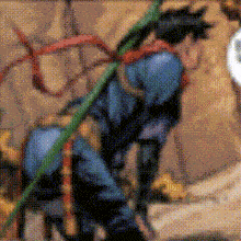 a pixelated image of a man with a green stick