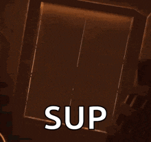 a cartoon character is standing in a doorway with the word sup written on the bottom .