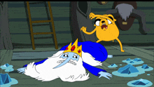 a cartoon of ice king laying on the ground with a ladder in the background