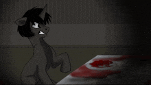 a cartoon of a pony walking in a dark room