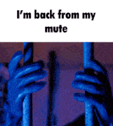a person wearing blue gloves behind bars with the words " i 'm back from my mute " on the bottom