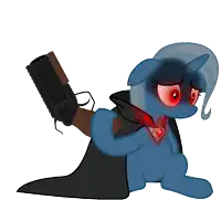 a blue pony with red eyes is holding a black gun