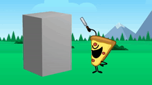 a cartoon of a slice of pizza holding a knife in front of a block