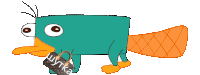 a cartoon perry the platypus is holding a louis vuitton bag in its beak