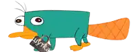 a cartoon perry the platypus is holding a louis vuitton bag in its beak