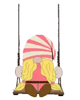 a gnome is sitting on a swing with a pink and white striped hat