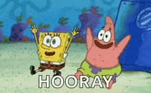 spongebob and patrick from spongebob squarepants are dancing in the sand .
