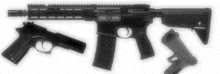 a rifle a pistol and a glock pistol are shown on a white background