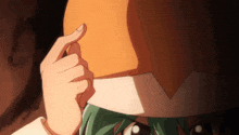 a cartoon character with green hair and a white hat