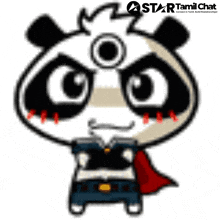 a cartoon of a panda wearing a red cape and a star tamil chat logo