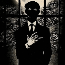 a black and white drawing of a man in a suit and tie with baroquegothik written on the bottom right