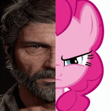 a man with a beard is next to a pink pony with a sad look on her face