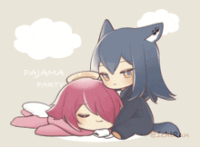 a drawing of a wolf and a girl with pajama party written on it