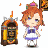 a cartoon girl is standing next to a jukebox with a music note on it .