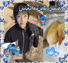 a picture of a boy with stitch and a duck with the words good night goon on it