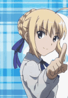 a blonde anime girl with a blue bow in her hair is giving the peace sign