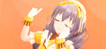 a cartoon girl with purple hair is wearing a yellow dress and white gloves