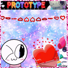 a picture of a cartoon character with hearts and the words prototype on top