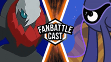 a poster for a fan battle cast with a cartoon character and a purple pony