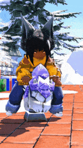 a girl in a yellow sweater is sitting on a purple and white object