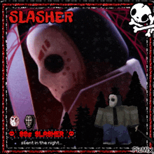 a picture of a slasher with a skull and crossbones in the background
